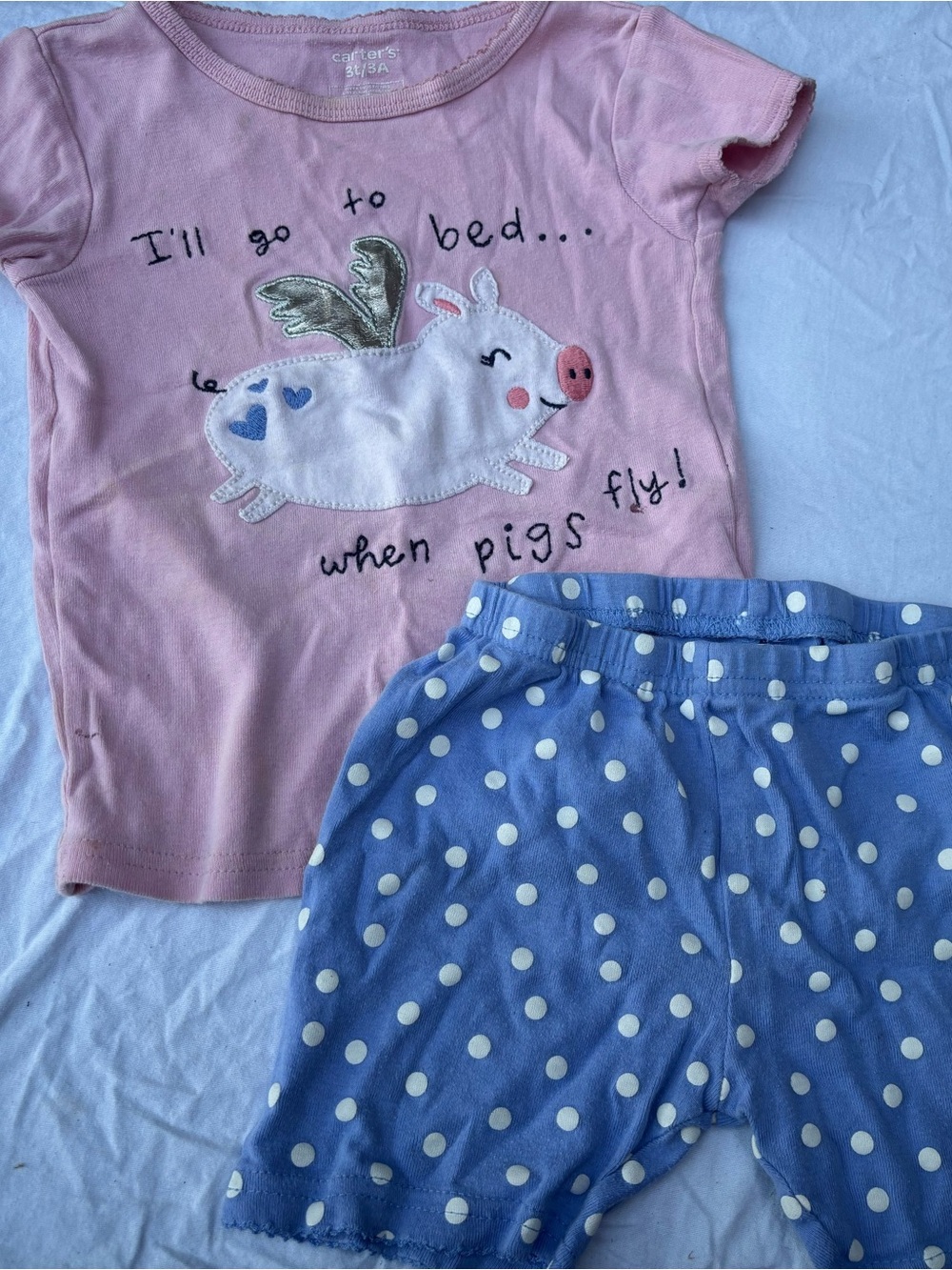 Carter's Pink Pig Applique Pajama Top with Blue Polka Dot Shorts